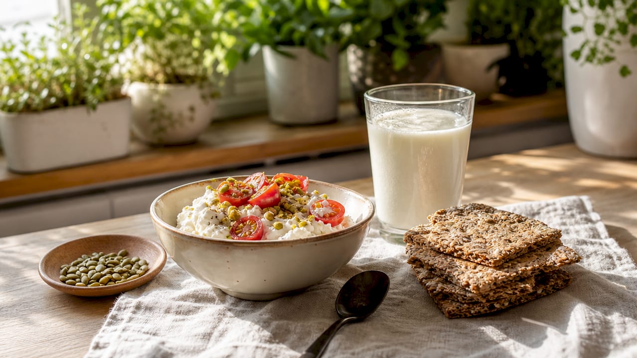 Overhead shot of breakfast ingredients spread