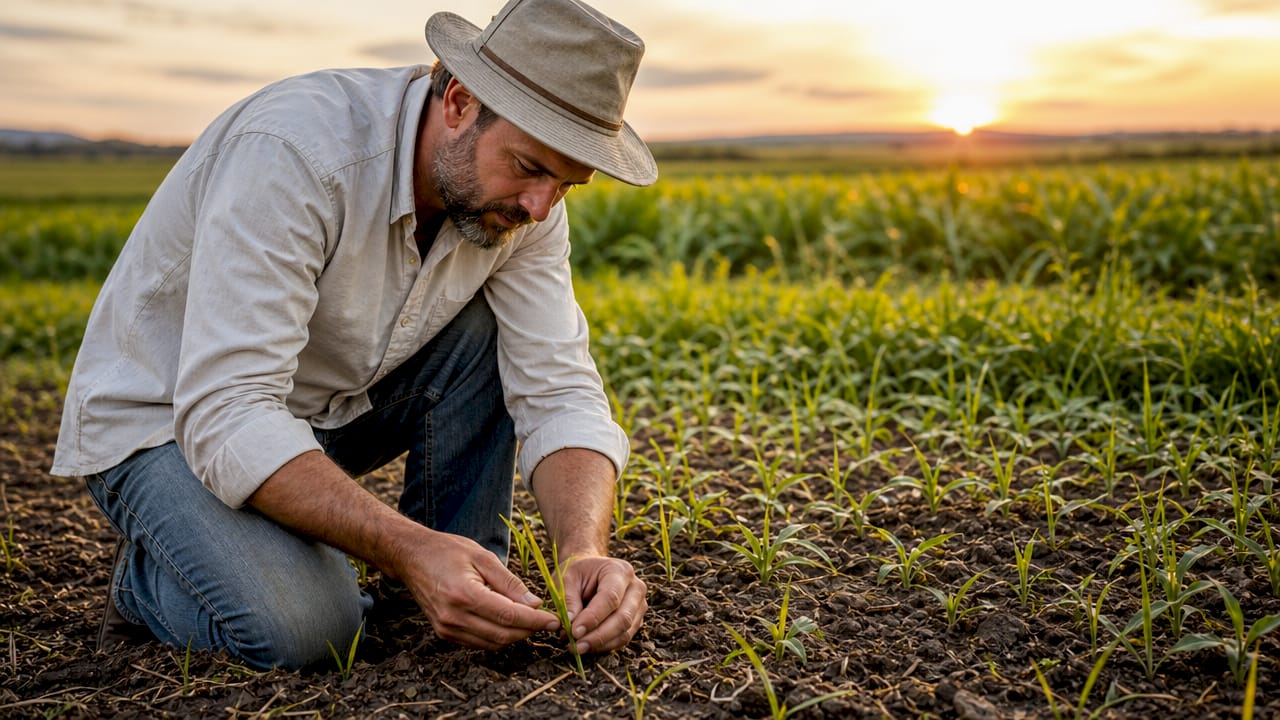 Farmer inspecting monoculture wheat field