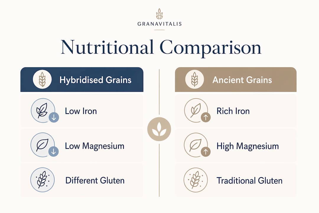 Infographic comparing nutrition of hybrid and ancient grains