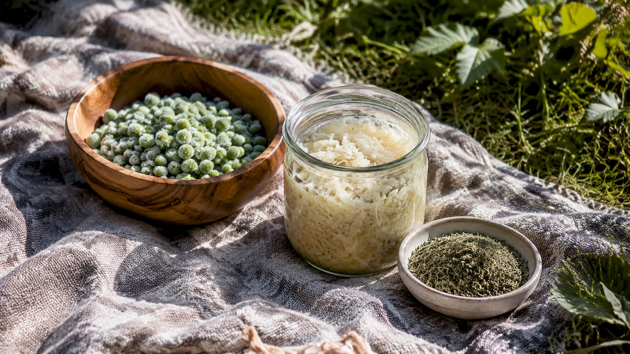 Close-up of frozen peas, fermented sauerkraut, and dried herbs