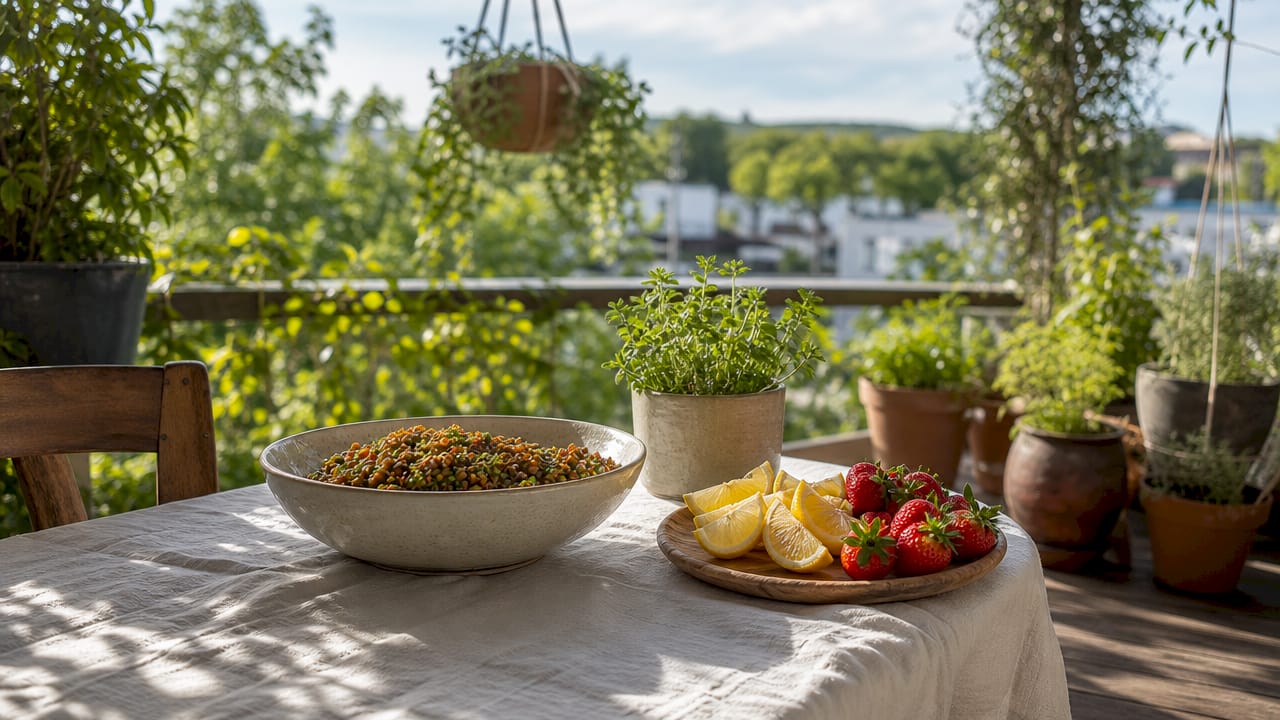 Lentils with lemon and strawberries close-up