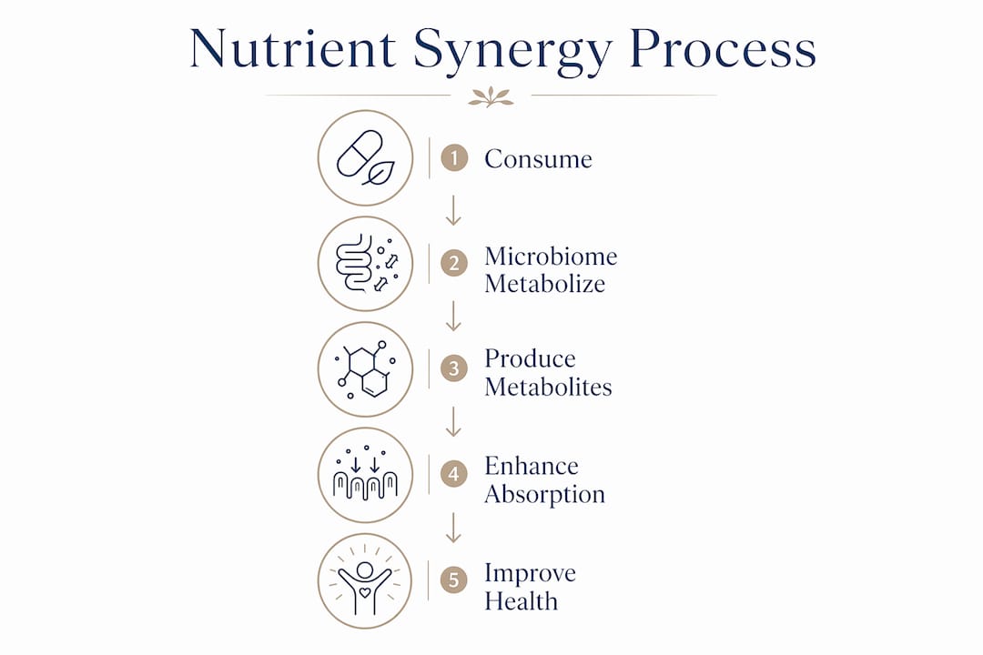 Infographic showing nutrient synergy stages with gut microbiome