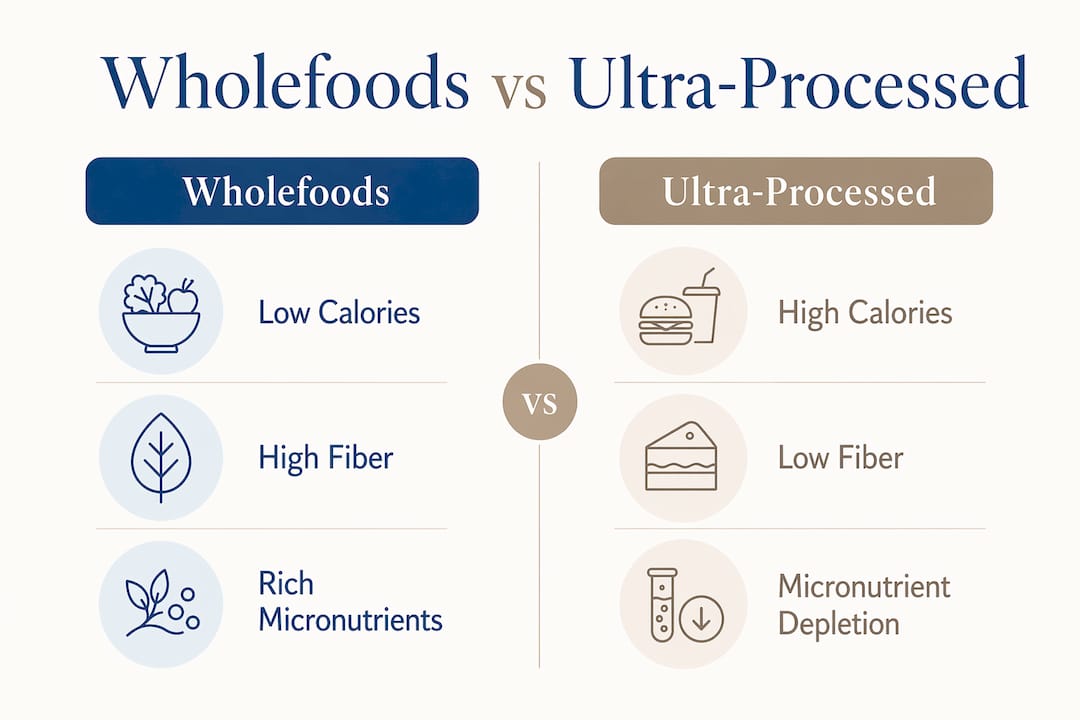 Infographic comparing wholefoods and ultra-processed foods