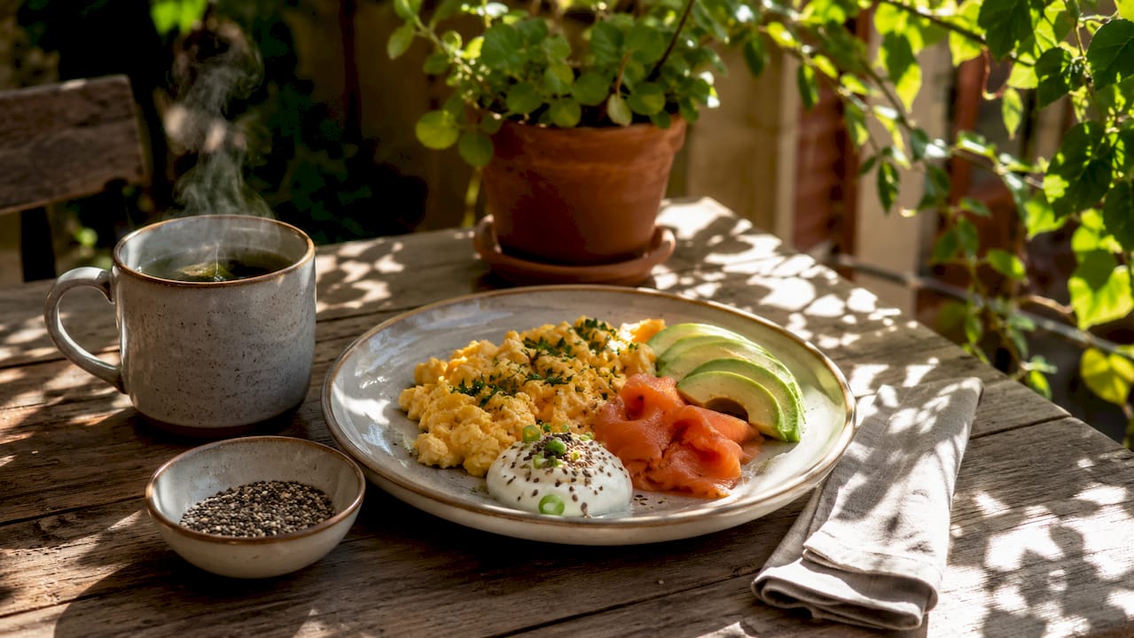 Close-up of protein rich breakfast plate