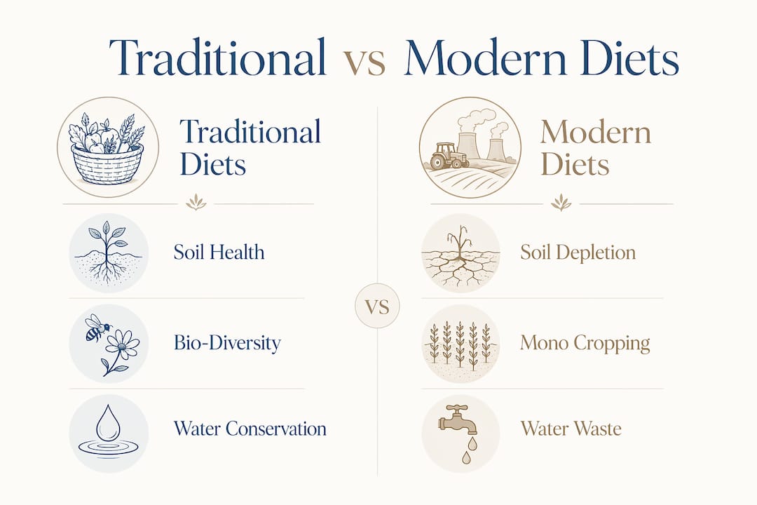 Infographic comparing traditional and modern food systems sustainability