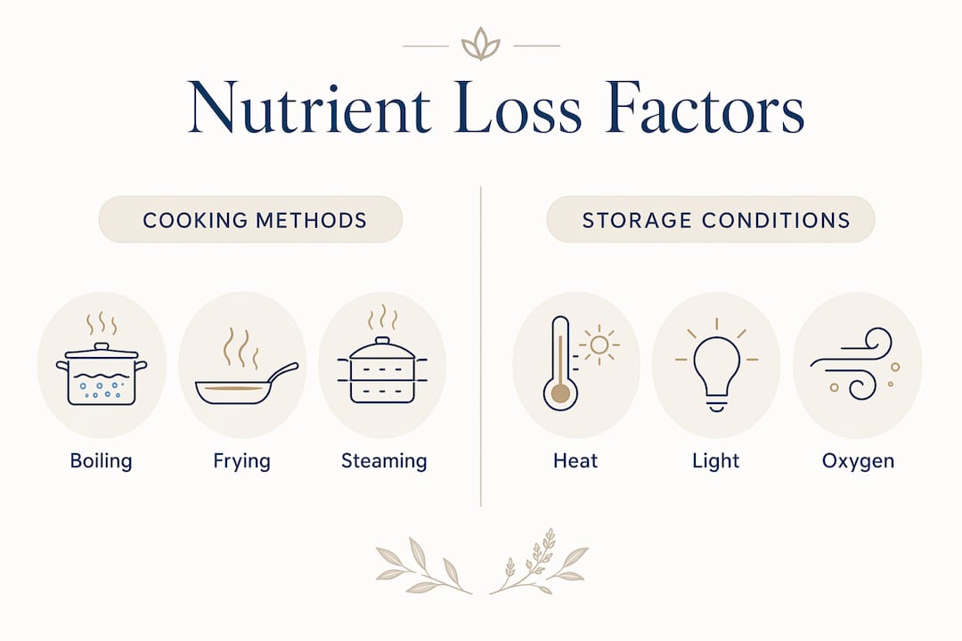 Infographic comparing cooking and storage factors causing nutrient loss
