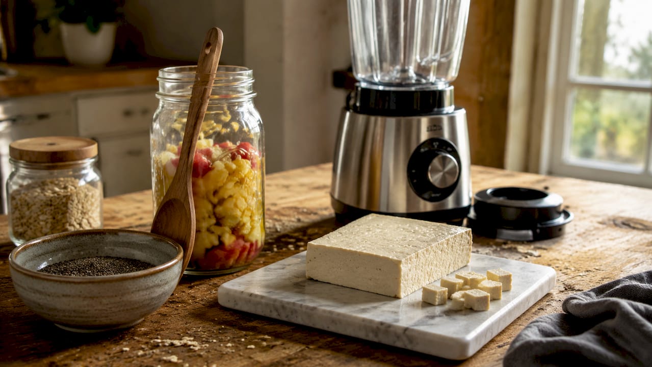 Vegan breakfast prep ingredients and tools