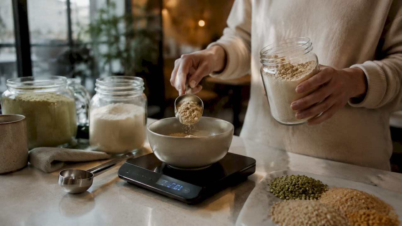 Hands measuring pea and rice protein powder blend