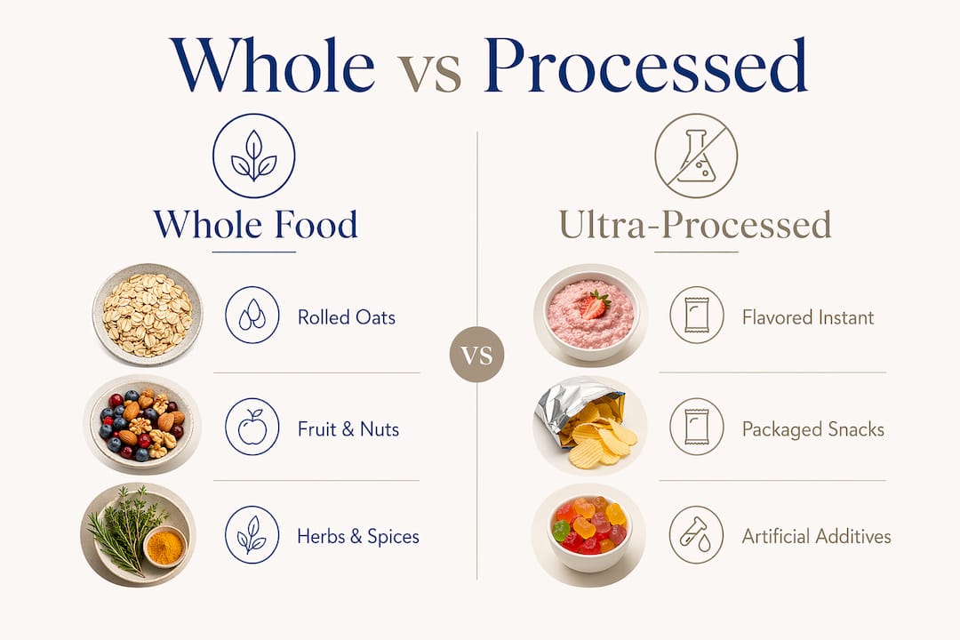 Infographic comparing whole foods and ultra-processed alternatives