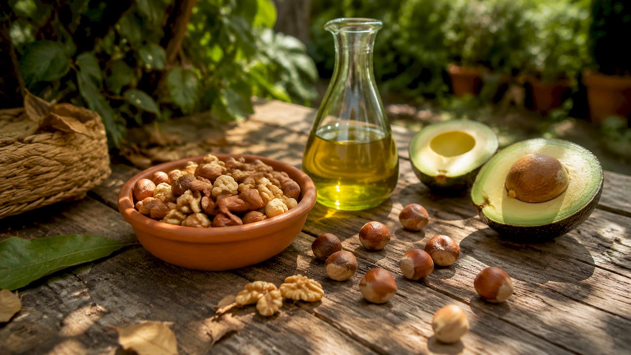 Close-up of nuts seeds and olive oil