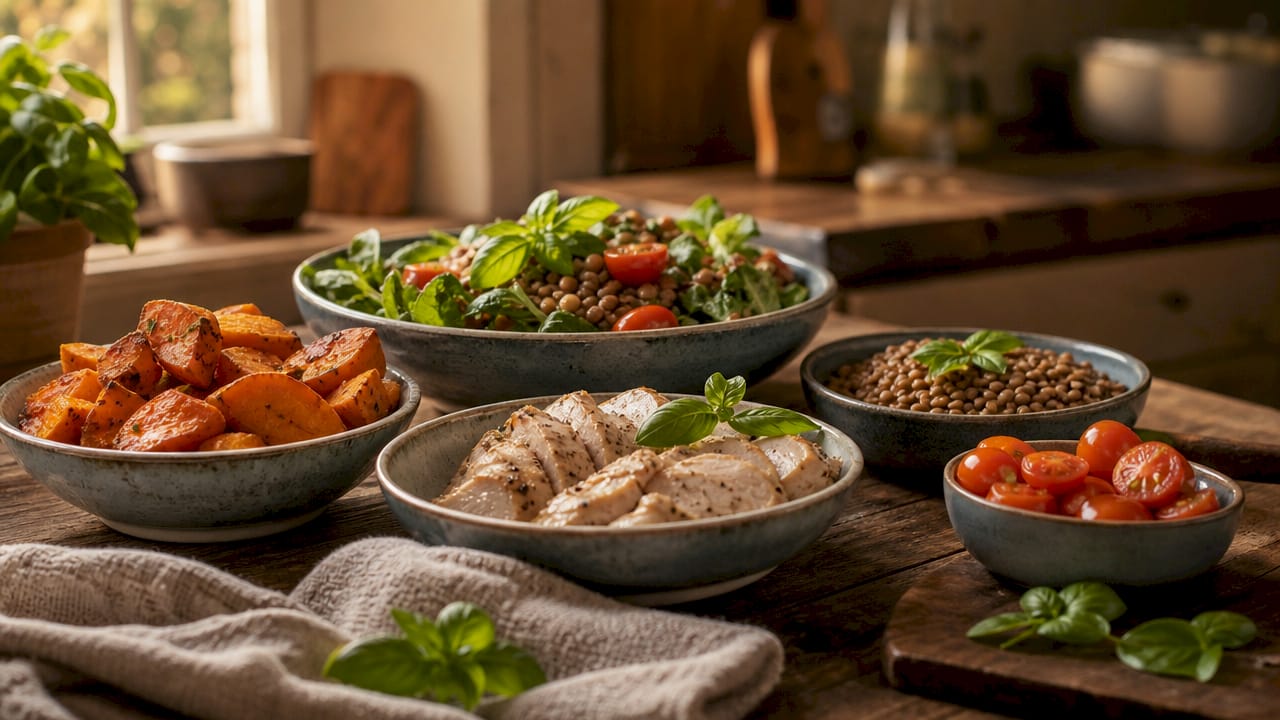 Overhead view of complementary nutrient-rich foods on table