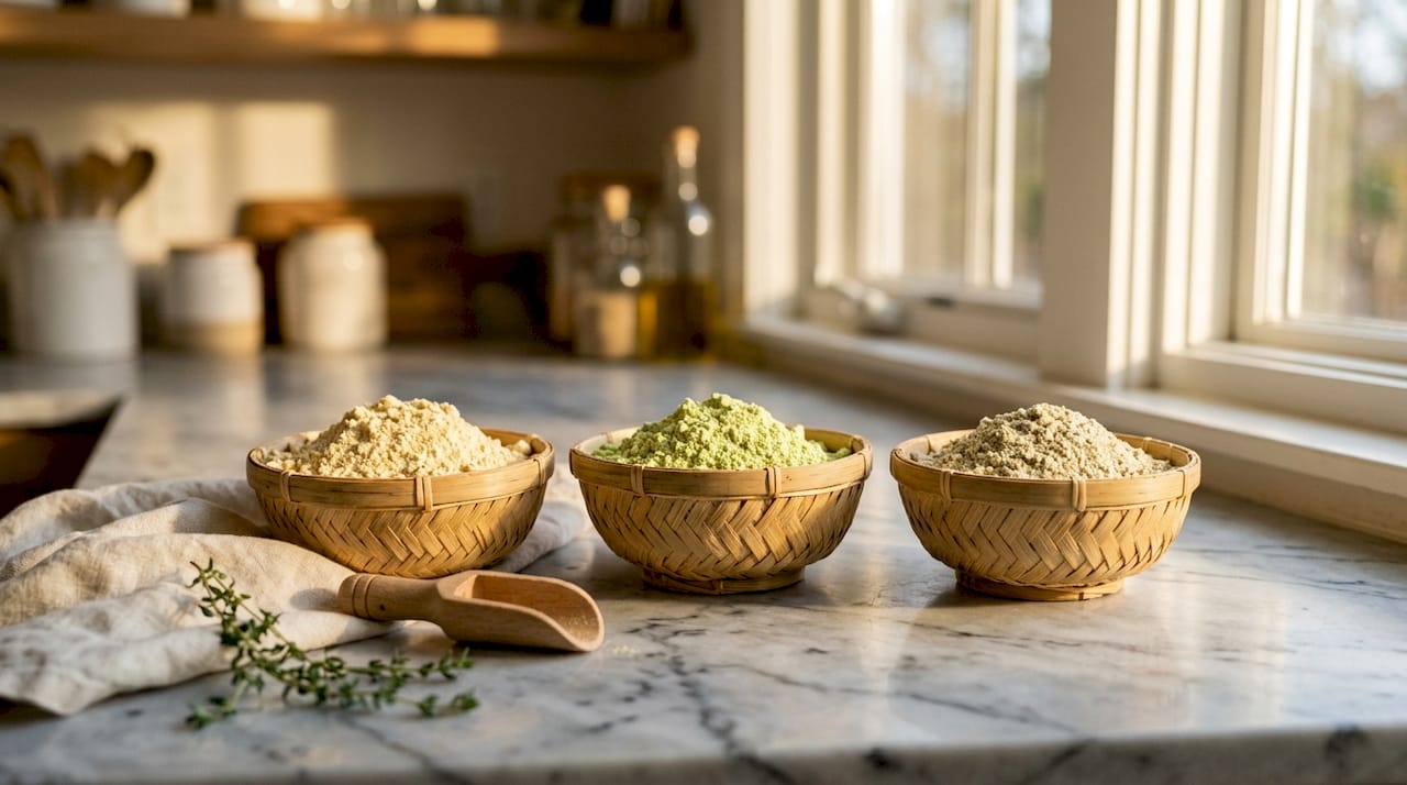 Close-up bowls of soy, pea, and pumpkin seed protein powders