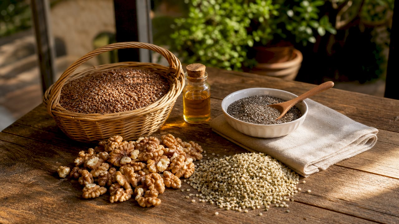 Close-up of flaxseeds, chia seeds, walnuts, and hemp seeds on wood