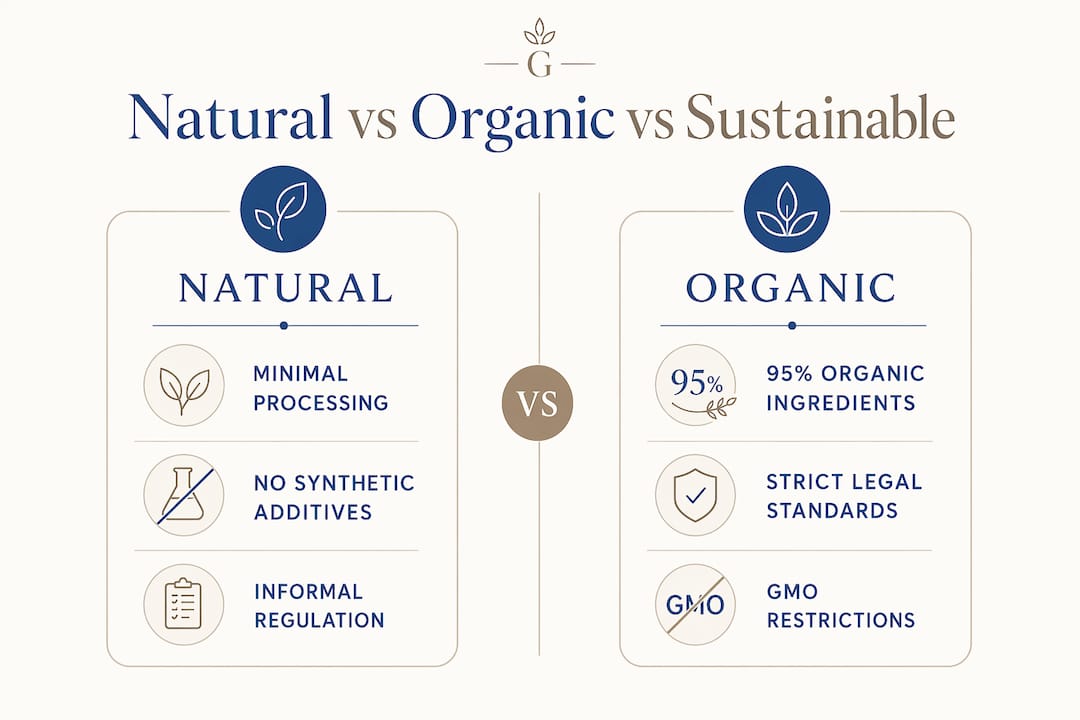 Infographic comparing natural, organic, and sustainable food sourcing