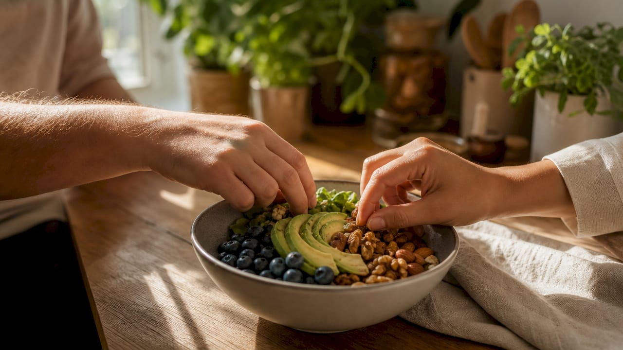 Hands holding bowl of mental health wholefoods