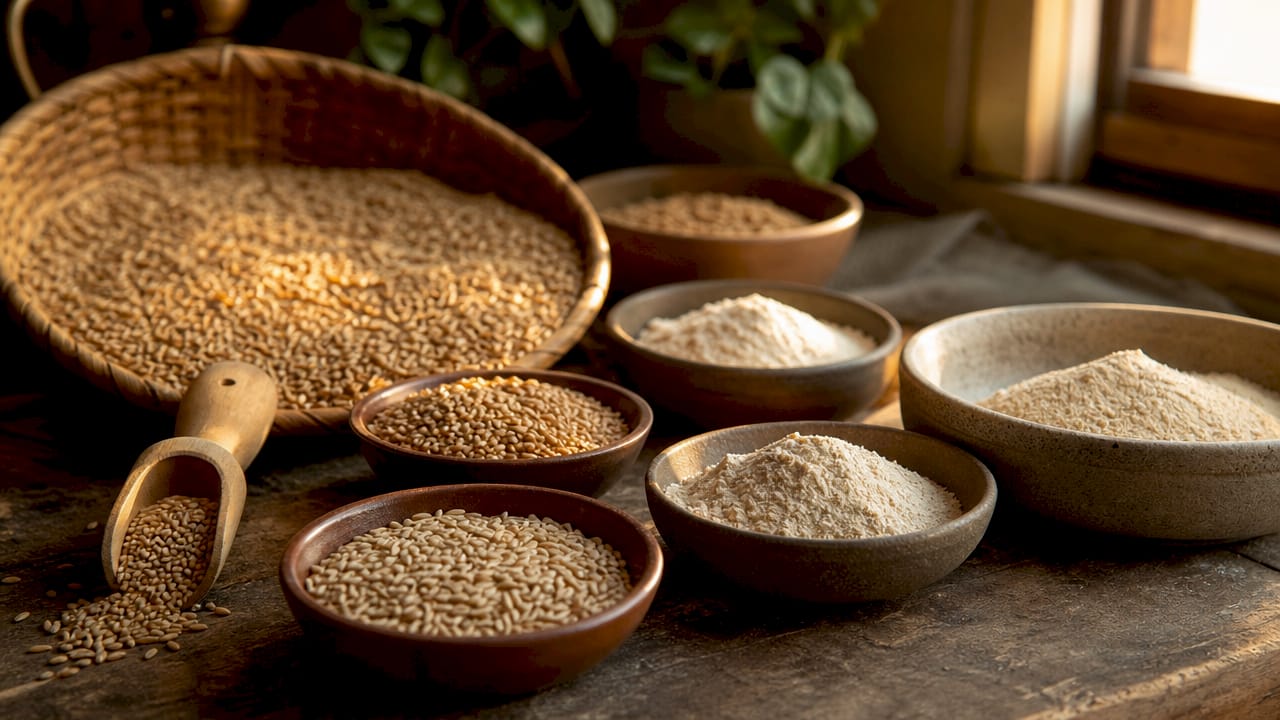 Overhead of assorted wheat varieties in bowls