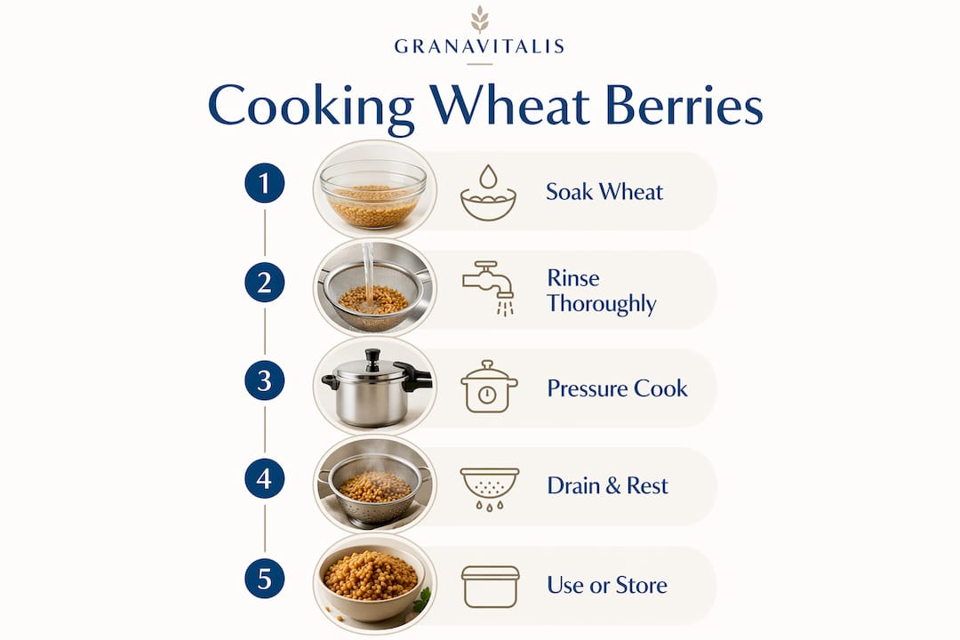 Infographic showing top-to-bottom steps to cook wheat berries