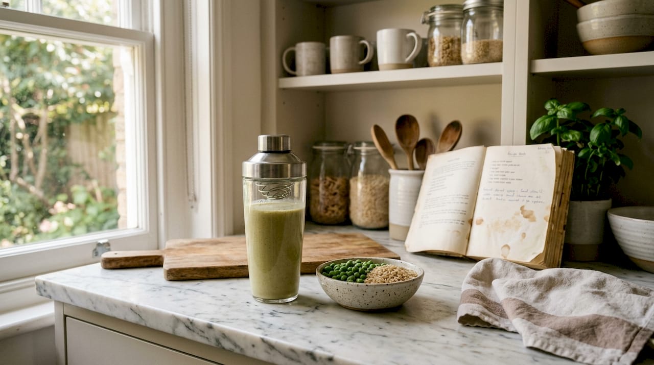 Top-down shot of pea and rice protein shake with ingredients on table