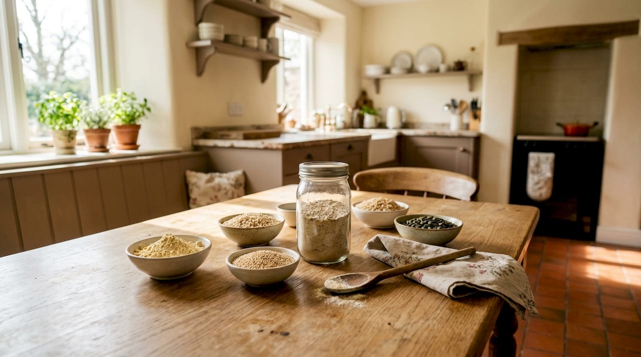 Overhead view of plant protein powders and seeds on counter