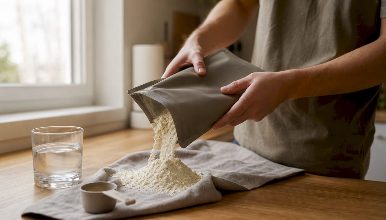 Close-up of hands opening soy protein powder bag