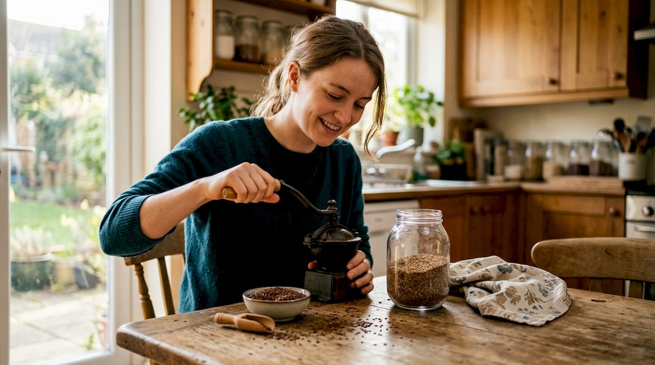 Hands grinding flax seeds using coffee grinder