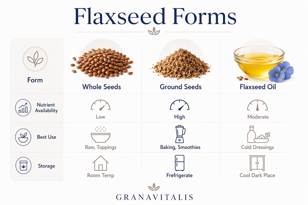 Infographic comparing flaxseed forms and uses