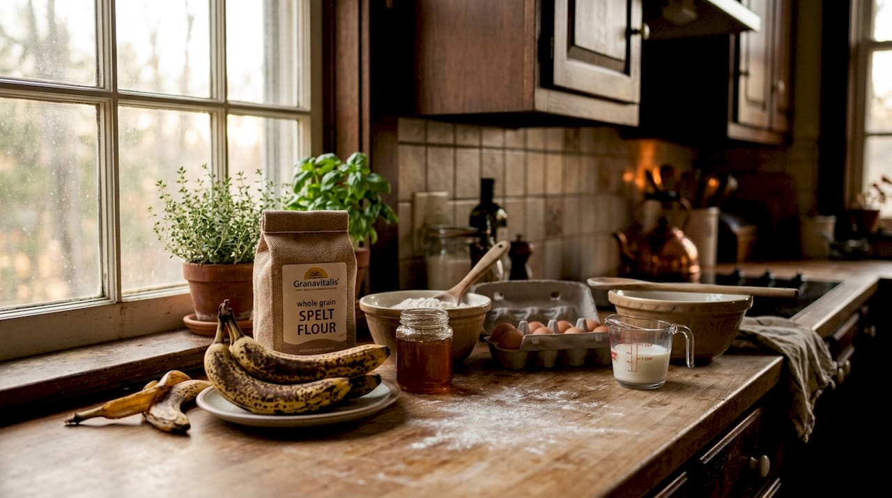 Ingredients laid out for spelt banana bread preparation