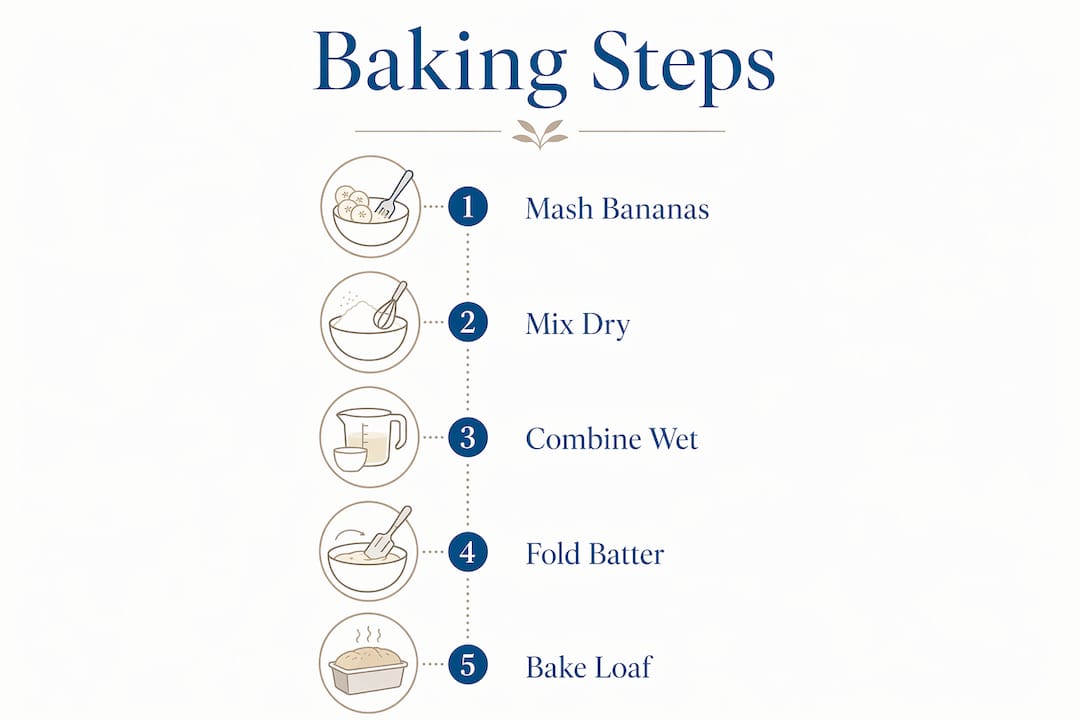 Infographic showing five baking steps for spelt banana bread