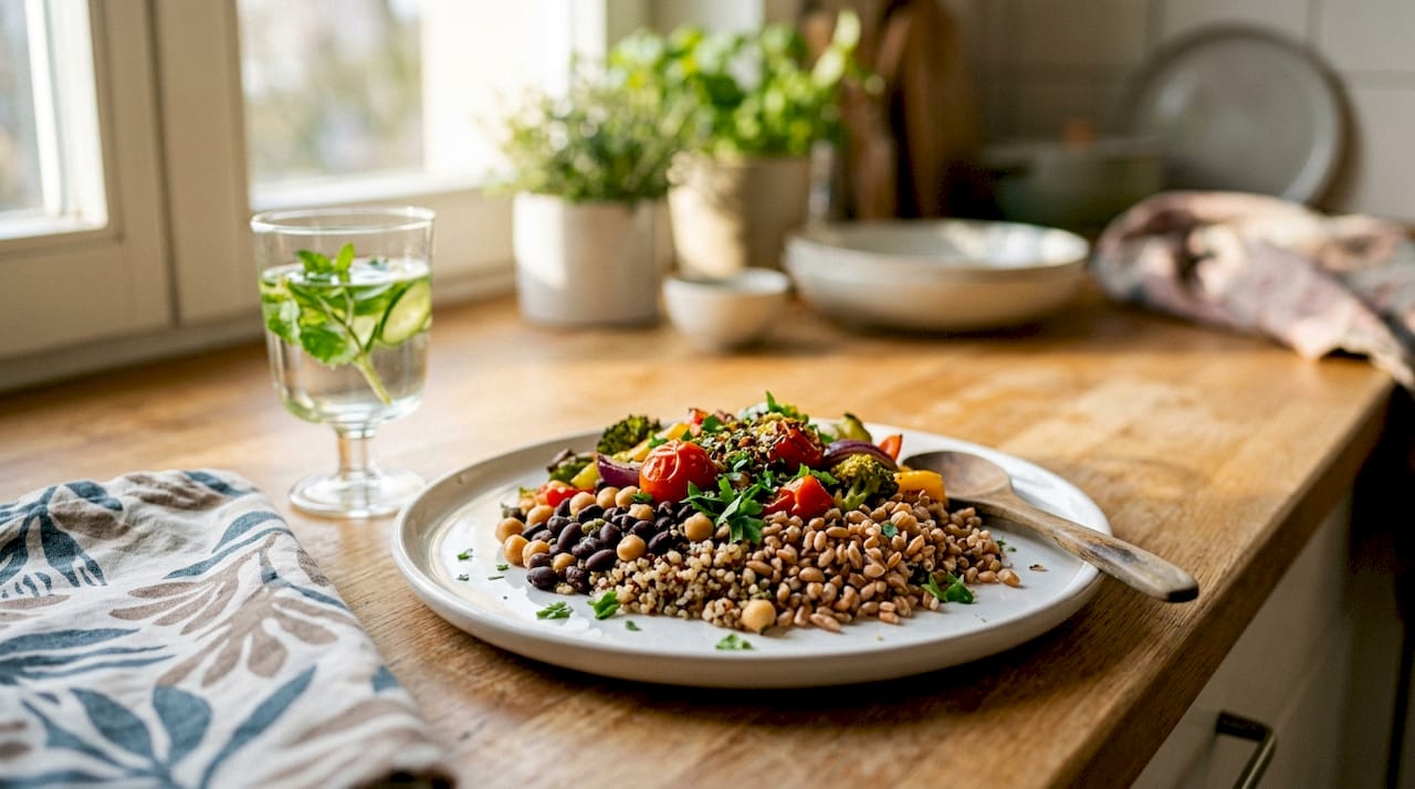 Close-up of balanced whole food meal