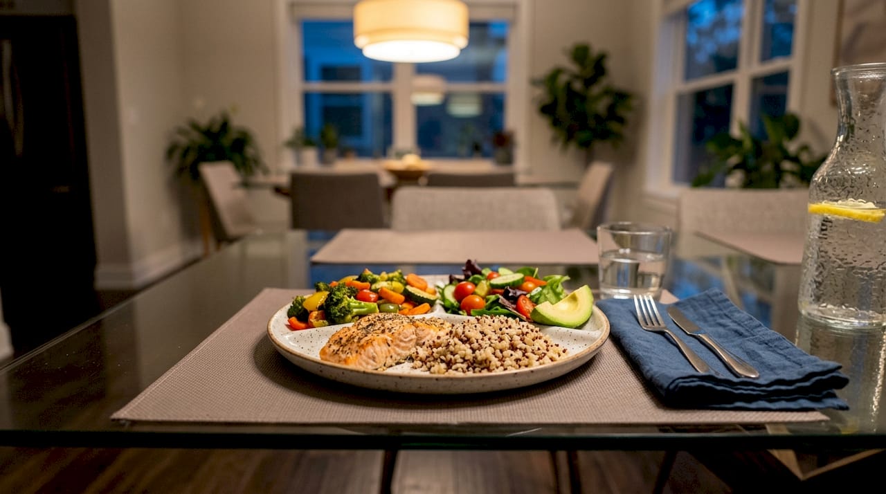 Balanced diet plate with portioned food groups
