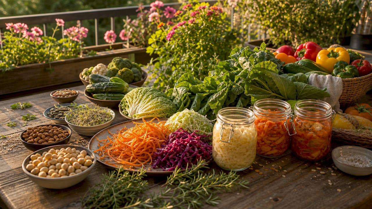 Close-up variety of plant-based nutrient-rich foods