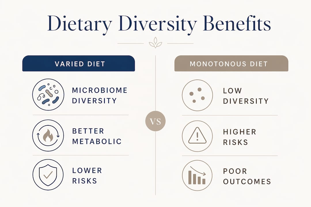 Infographic comparing varied and monotonous diet benefits