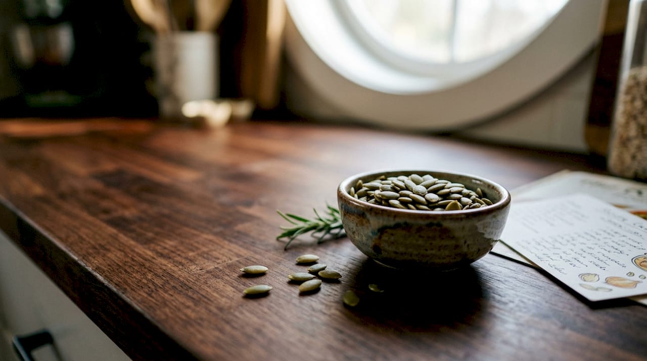 Close-up of pumpkin seeds on wooden table
