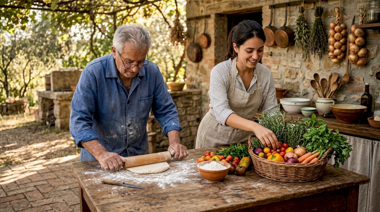 Elderly man and young woman preparing traditional meal