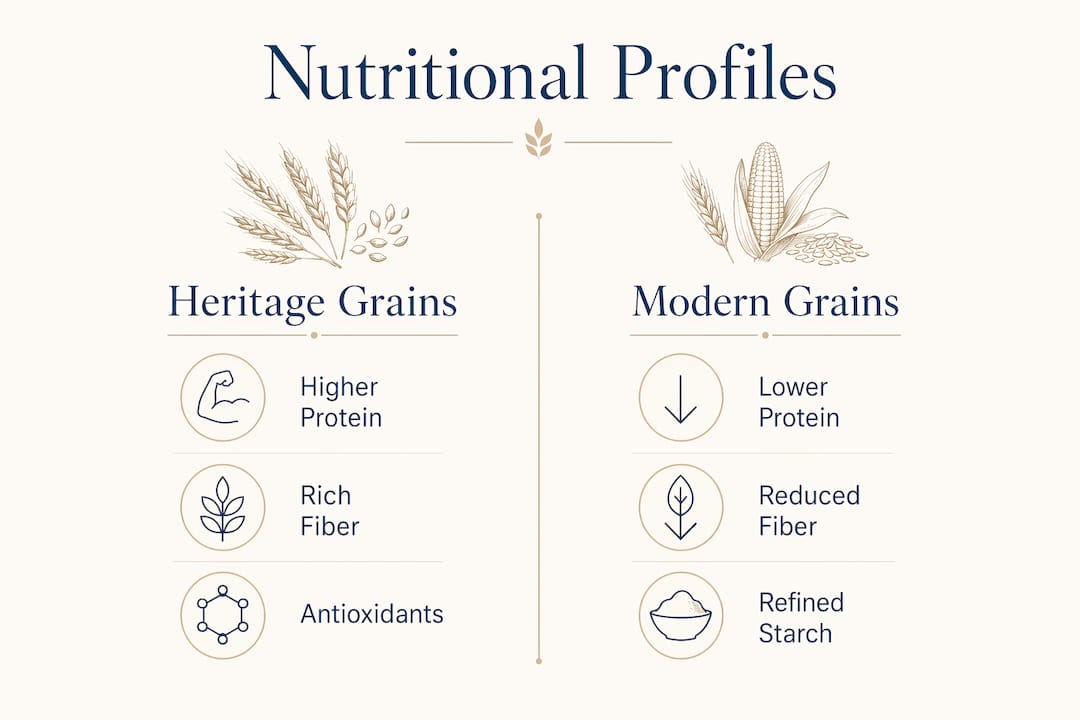 Infographic comparing heritage and modern grains nutrition