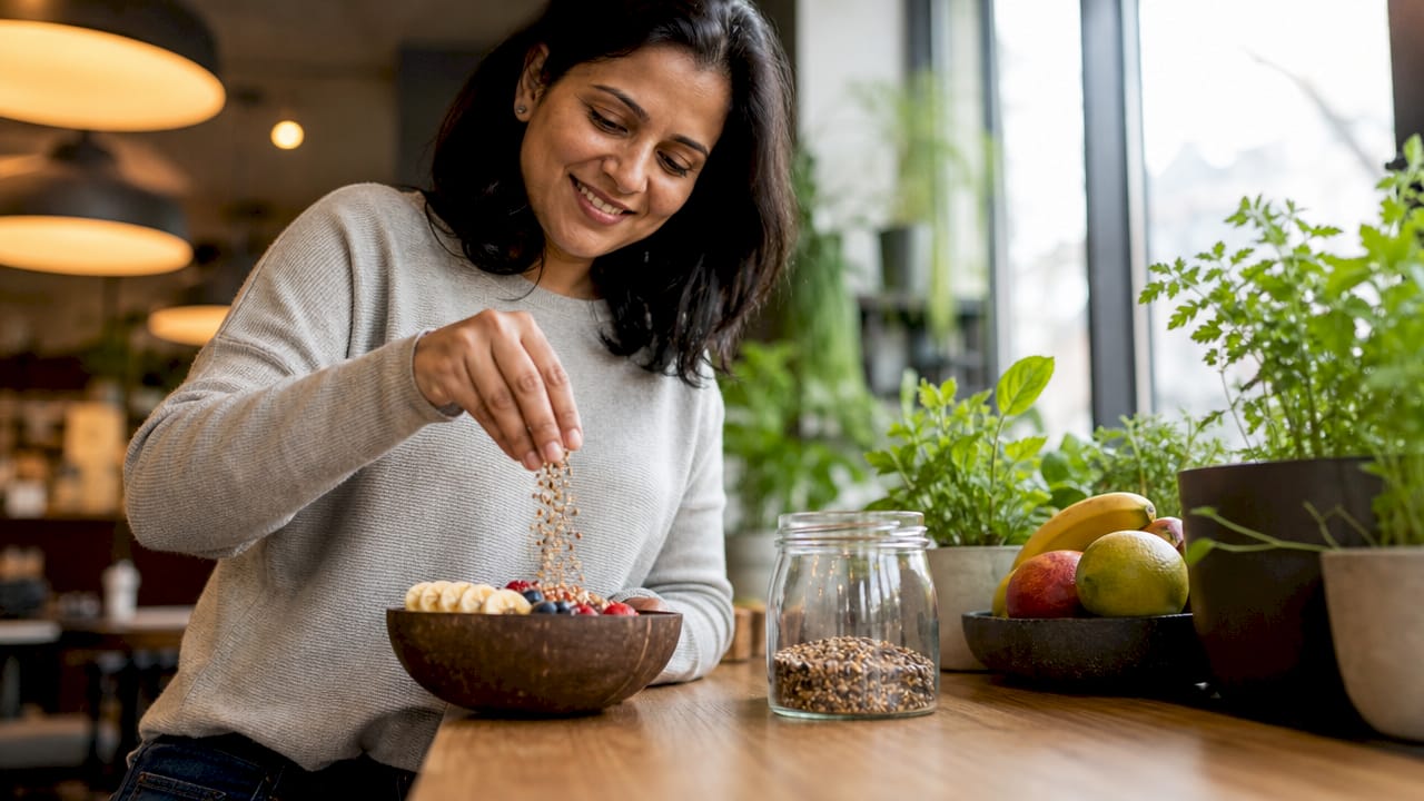 Woman adding vibrant seeds to breakfast bowl in kitchen