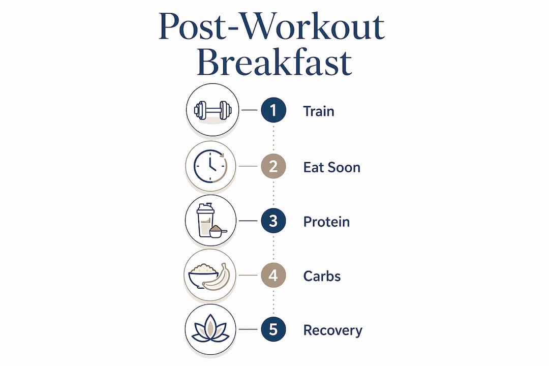 Infographic showing steps of post-workout breakfast routine