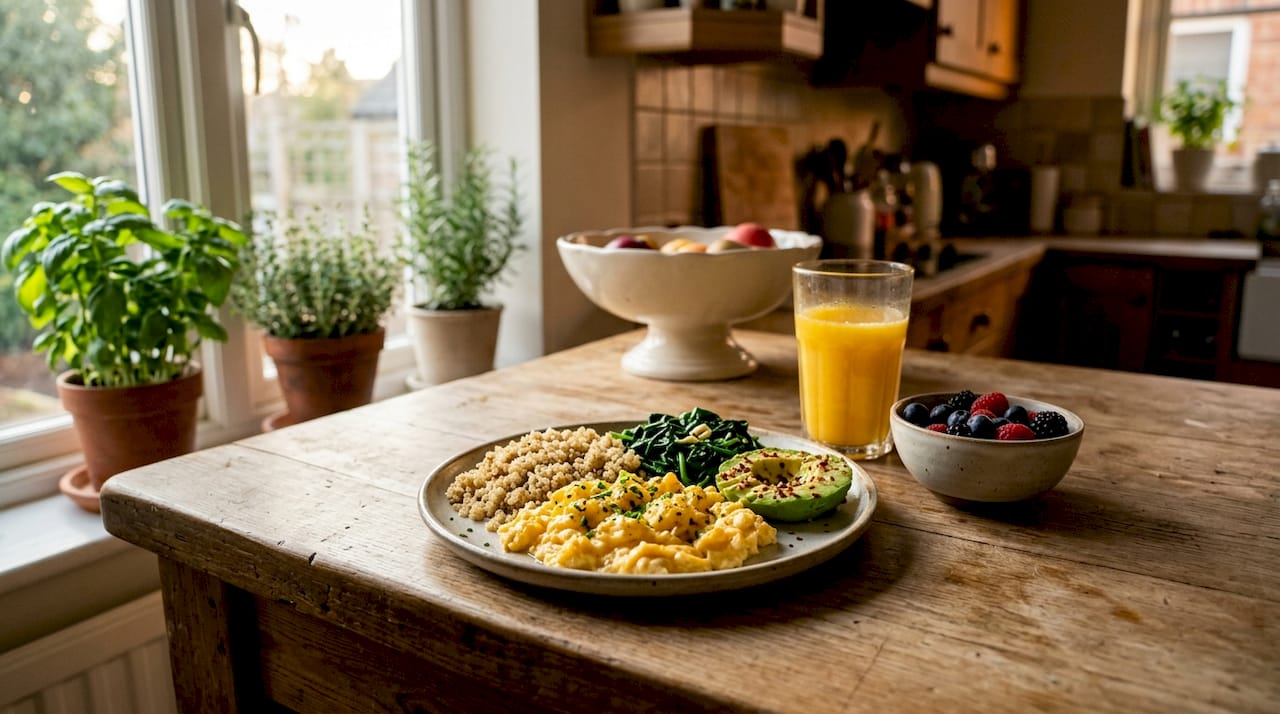 High-protein post-workout breakfast plate overhead view