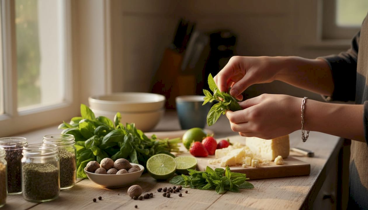 Top view of natural flavouring plant and animal ingredients