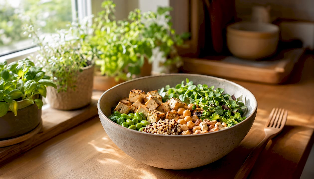 Overhead view of layered vegetarian protein bowl