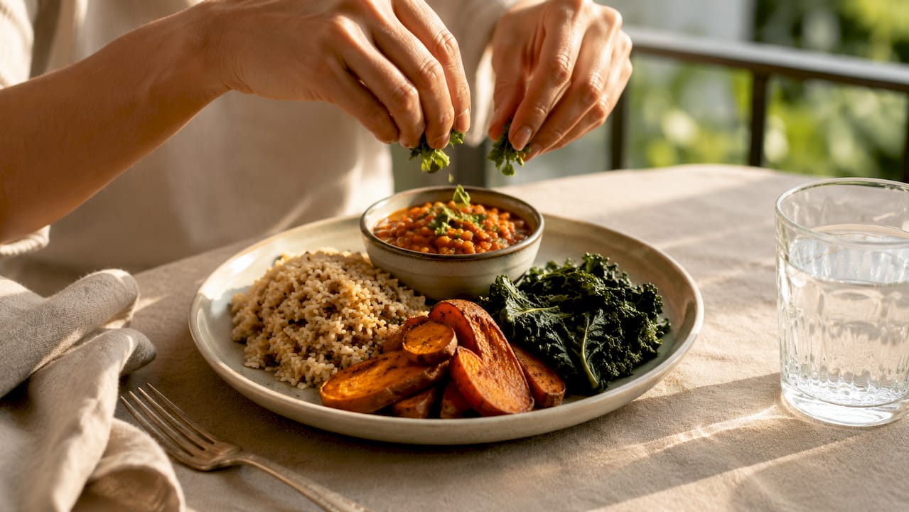 Balanced plant-based meal on wooden table