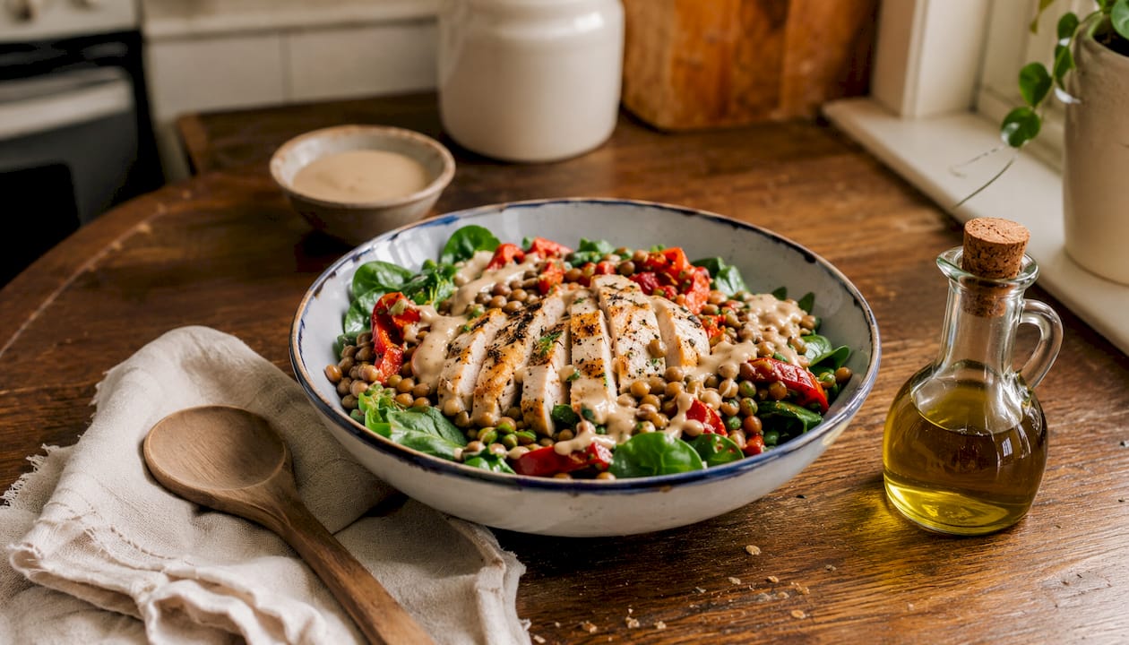 Chicken lentil salad on wooden table