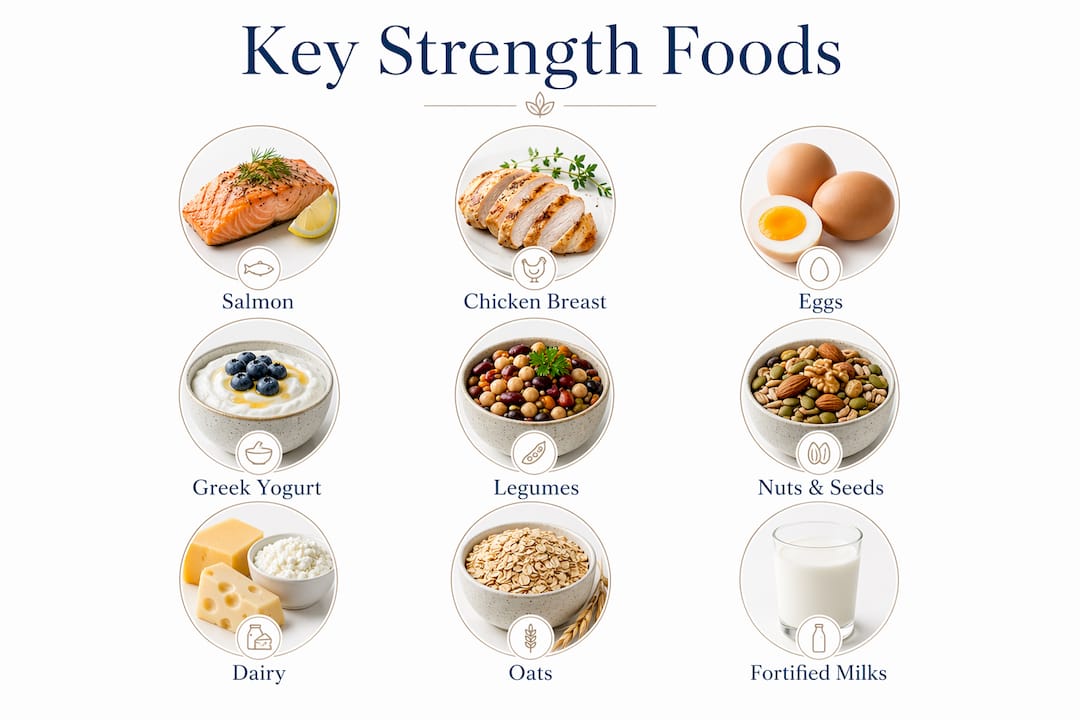 Infographic showing key muscle building foods hierarchy