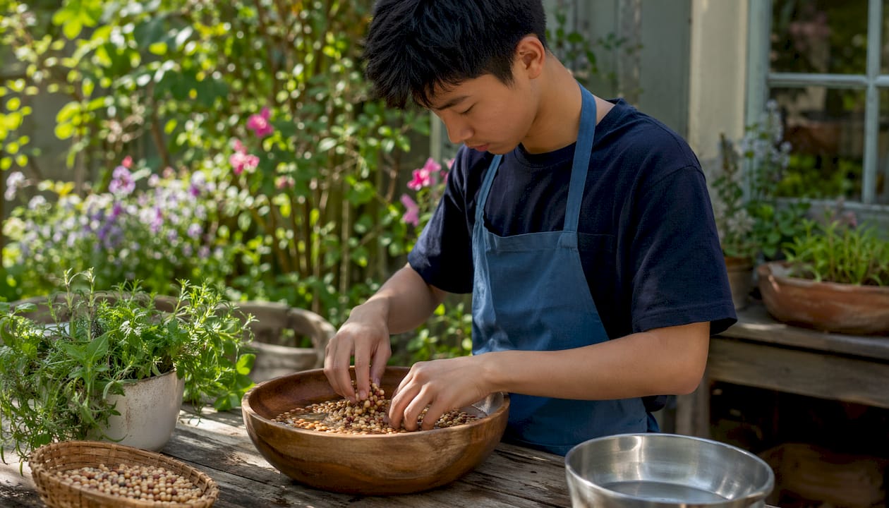 Teen soaking legumes for ancestral cooking