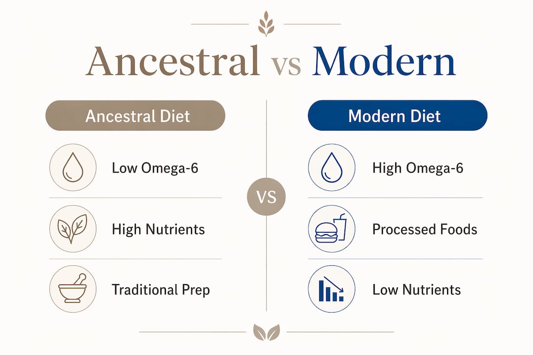 Infographic comparing ancestral and modern diet features