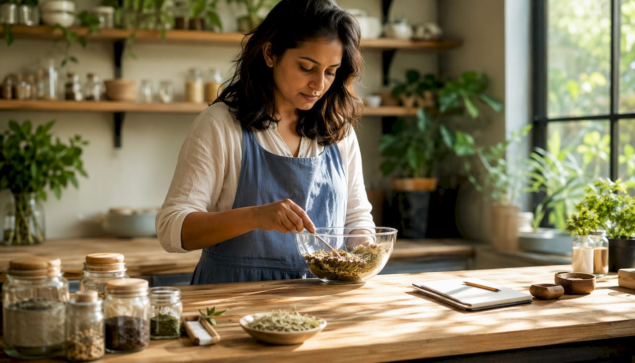 Hands mixing minimalist ingredients in food lab