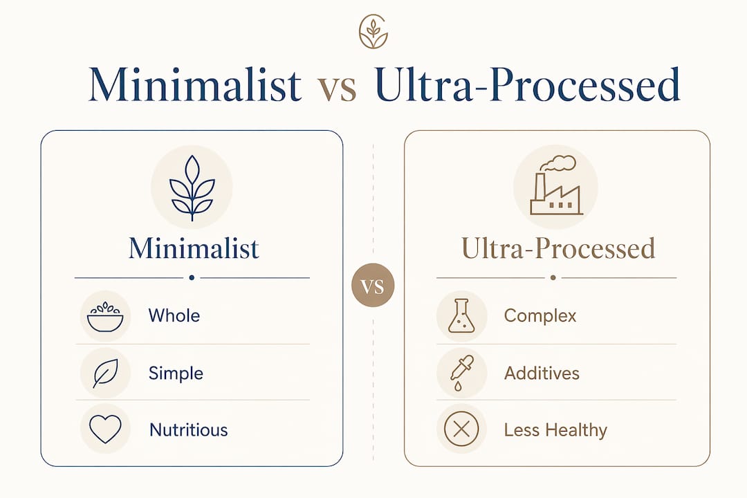 Infographic comparing minimalist and ultra-processed foods