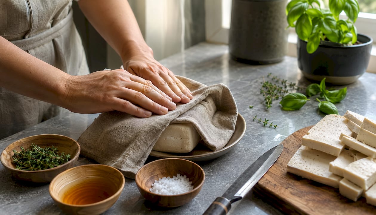 Hands pressing and preparing firm silken tofu
