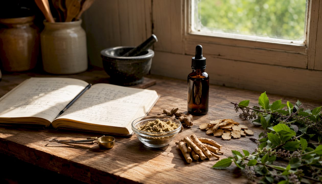 Various common UK adaptogenic ingredients on wooden surface