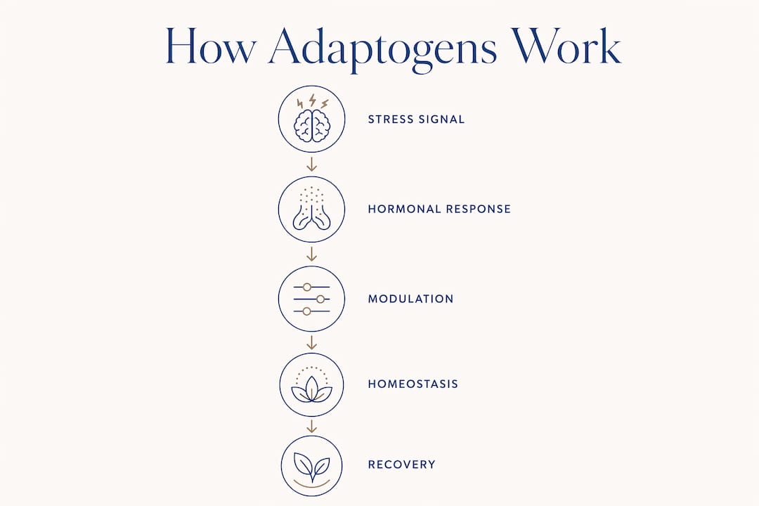 Infographic showing stages of how adaptogenic foods work